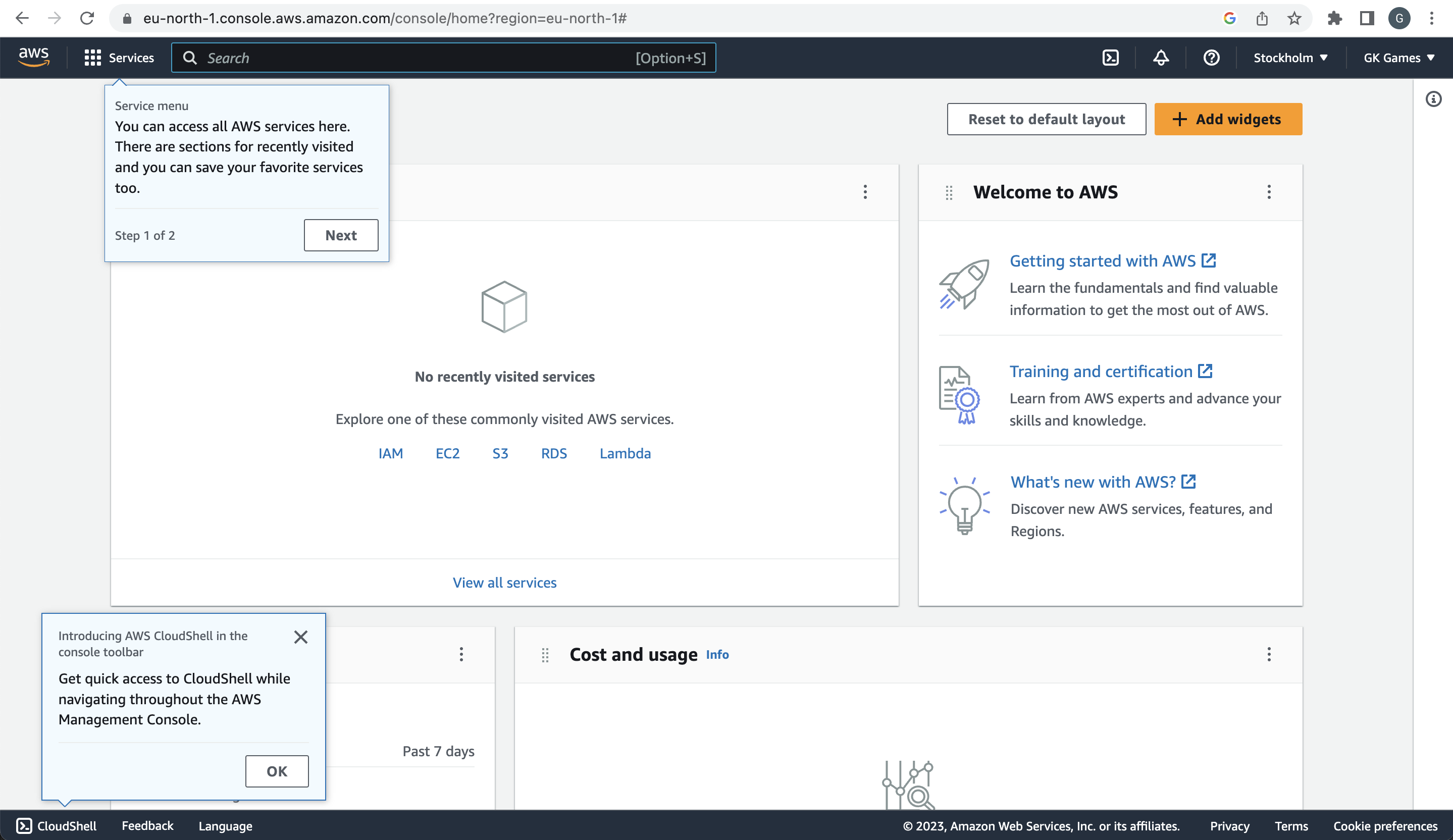 Screenshot showing the Amazon Web Services dashboard.