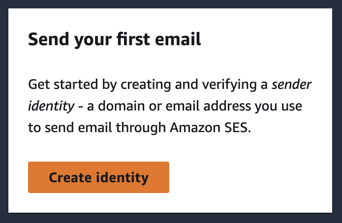 Screenshot showing the create identity button which you need to click to link your domain to your AWS account