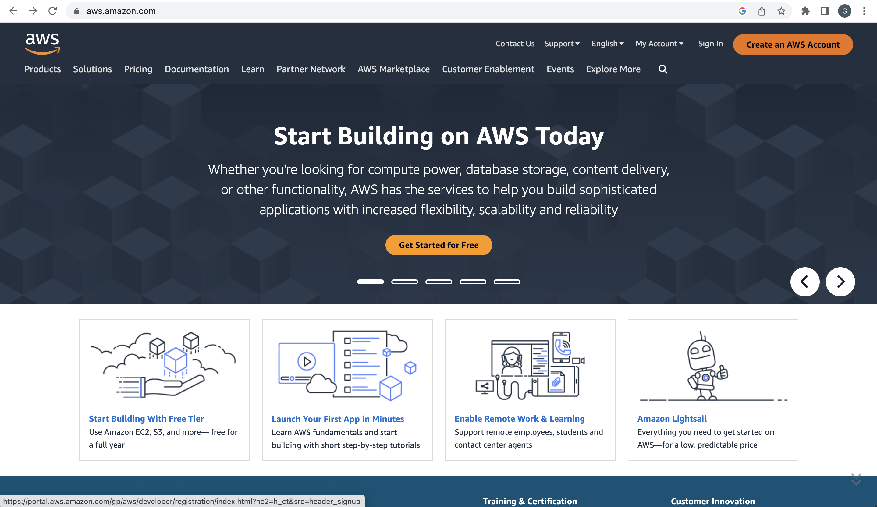 Screenshot showing the Getting started page for Amazon Web Services