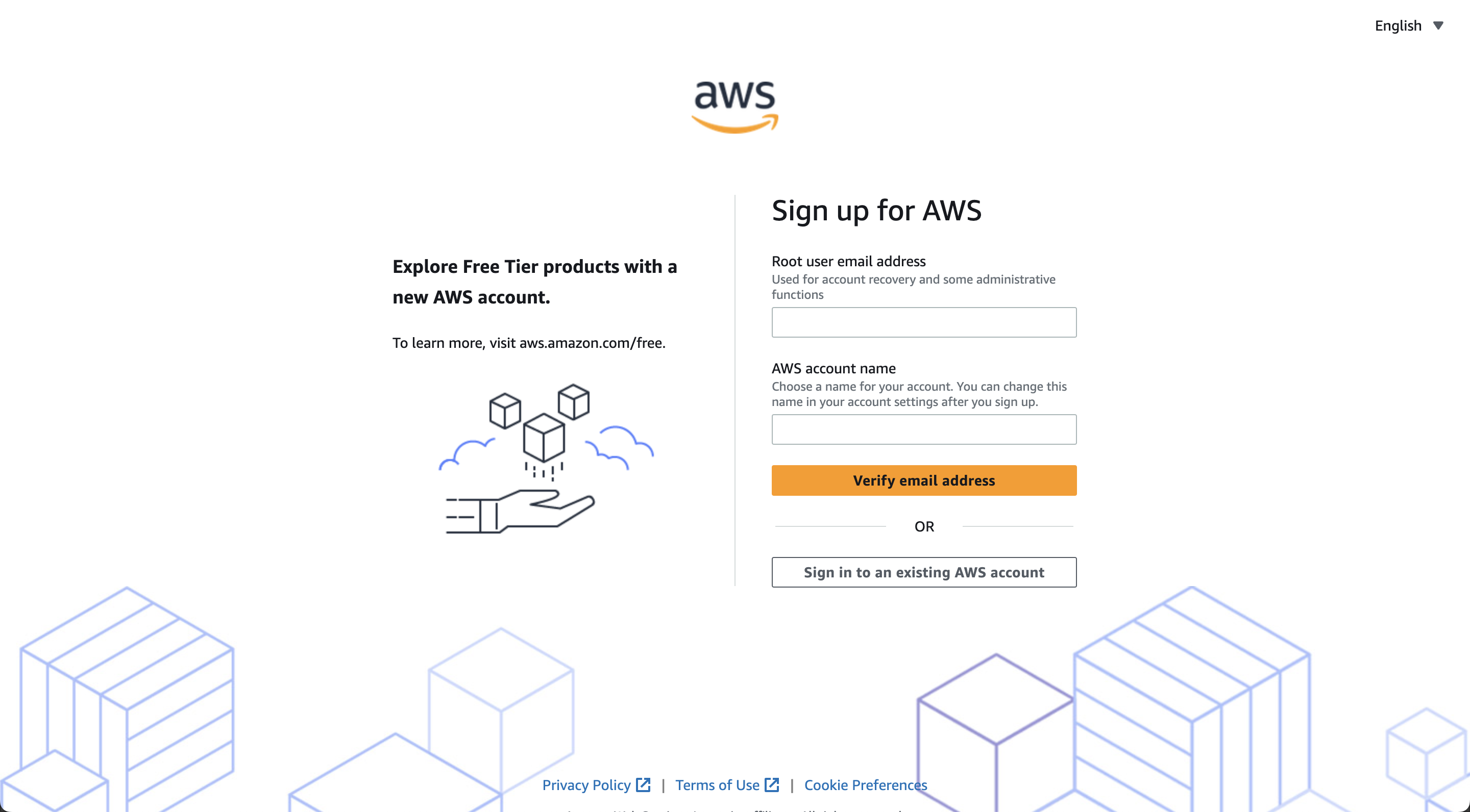 Screenshot showing the sign up page the for Amazon web services platform.