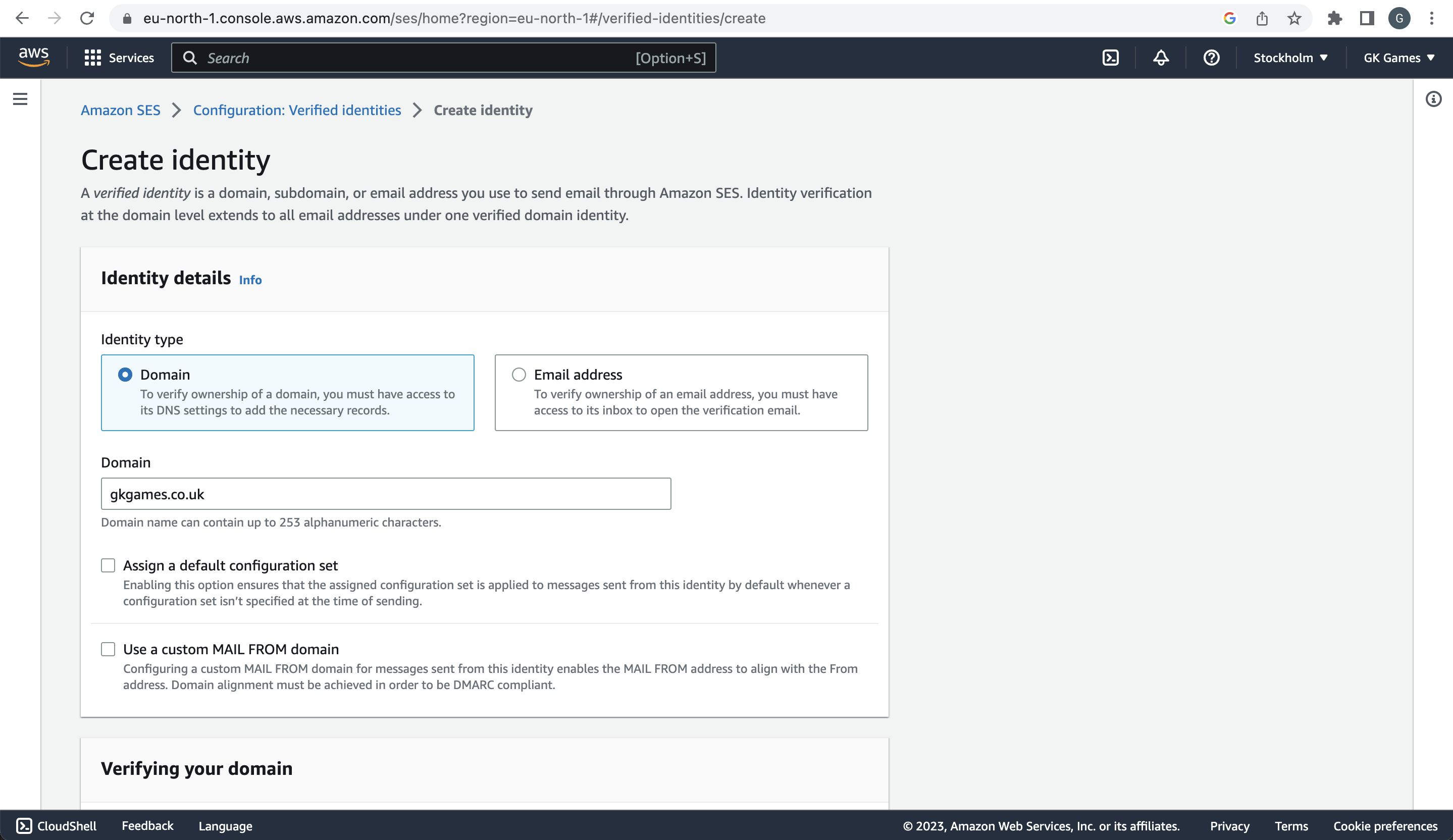 Screenshot showing the create an identity page form for Amazon Web Services and their Simple Email Service.