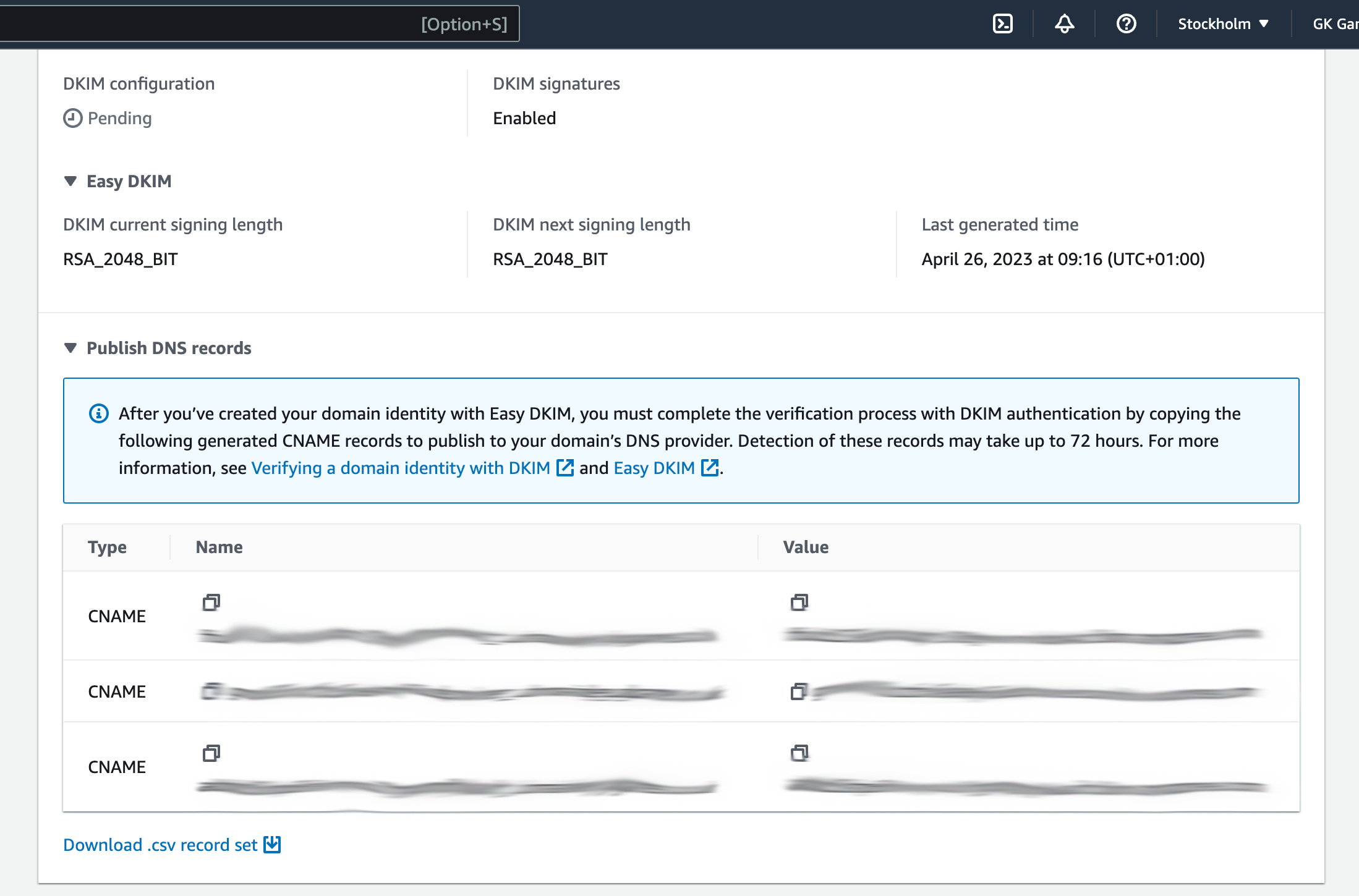 Screenshot showing the CNAME records provided by AWS.