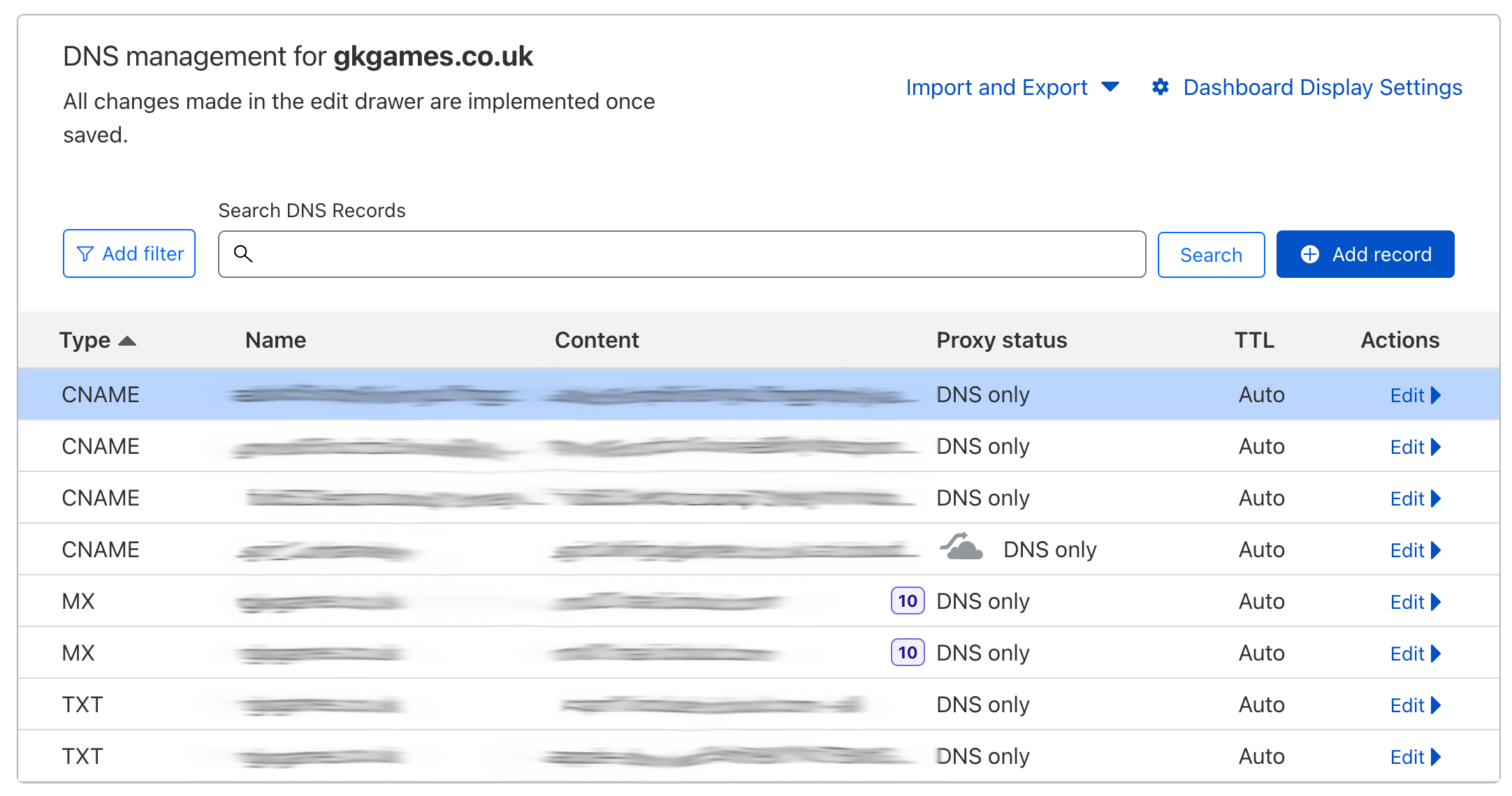 Screenshot showing the addition of the CNAME records to the Cloudflare DNS management.