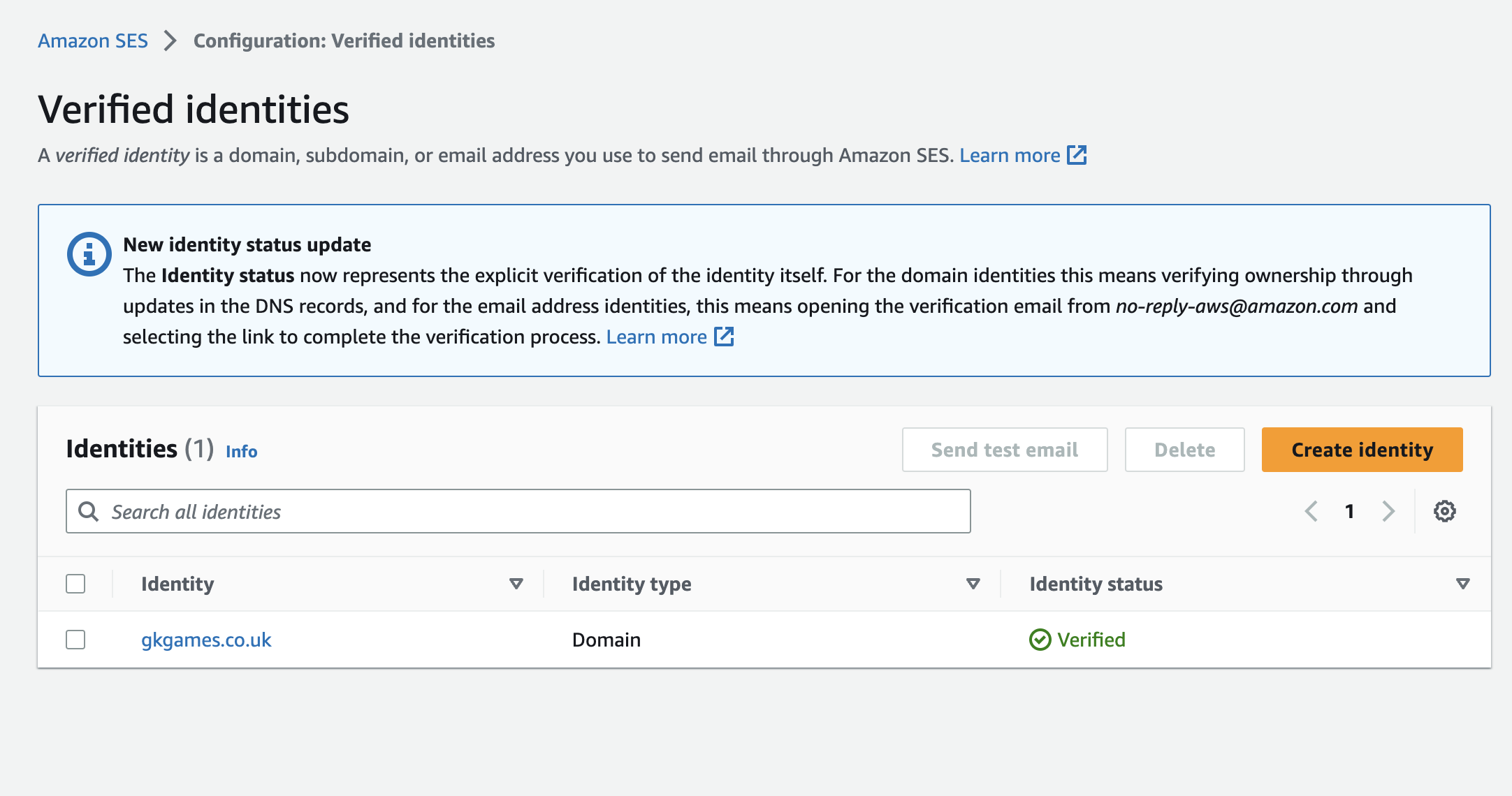 Screenshot showing the verified identity on Amazon Web Services