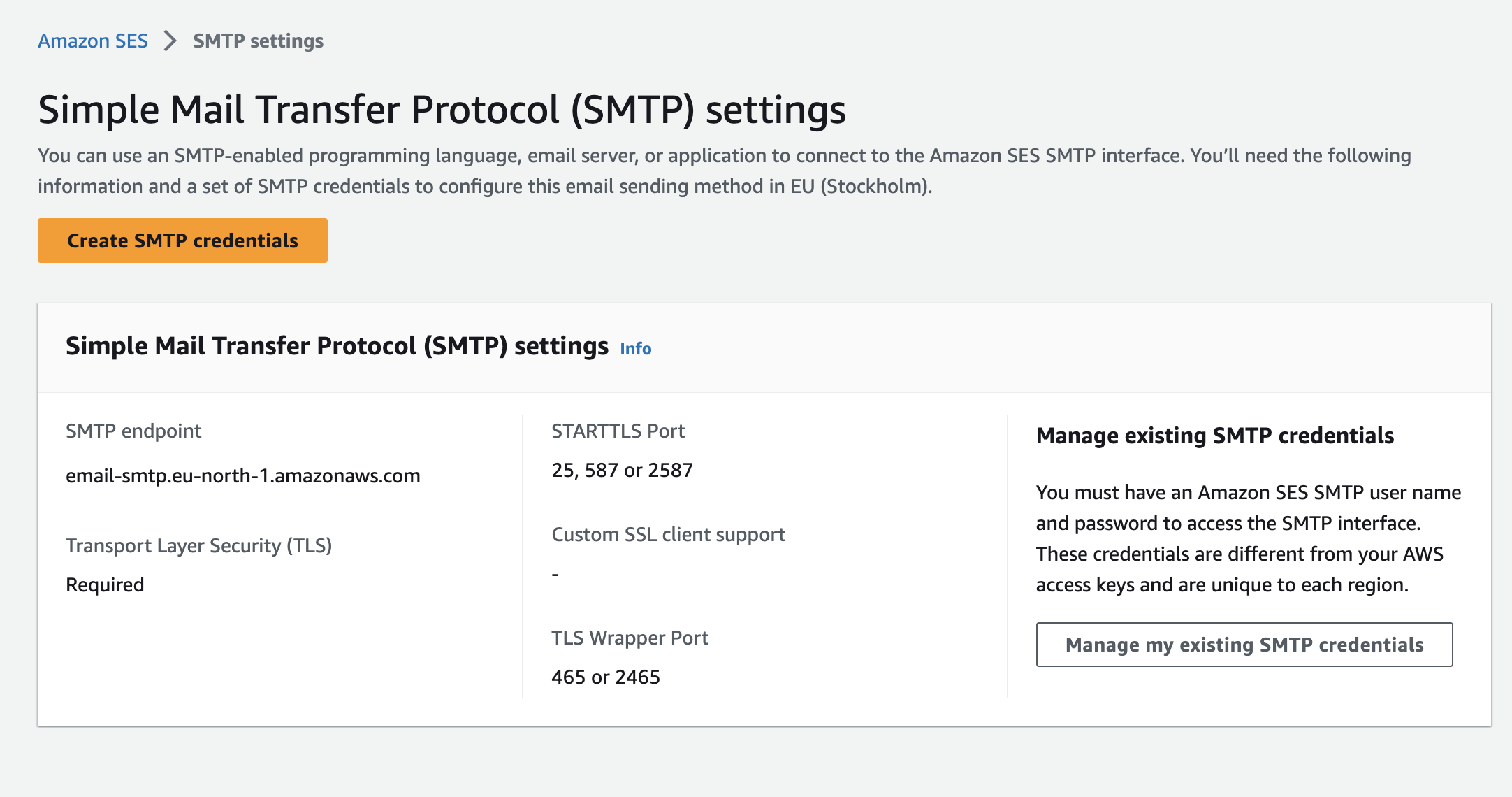 Screenshot showing the process of setting up your SMTP settings with Amazon Web Services.