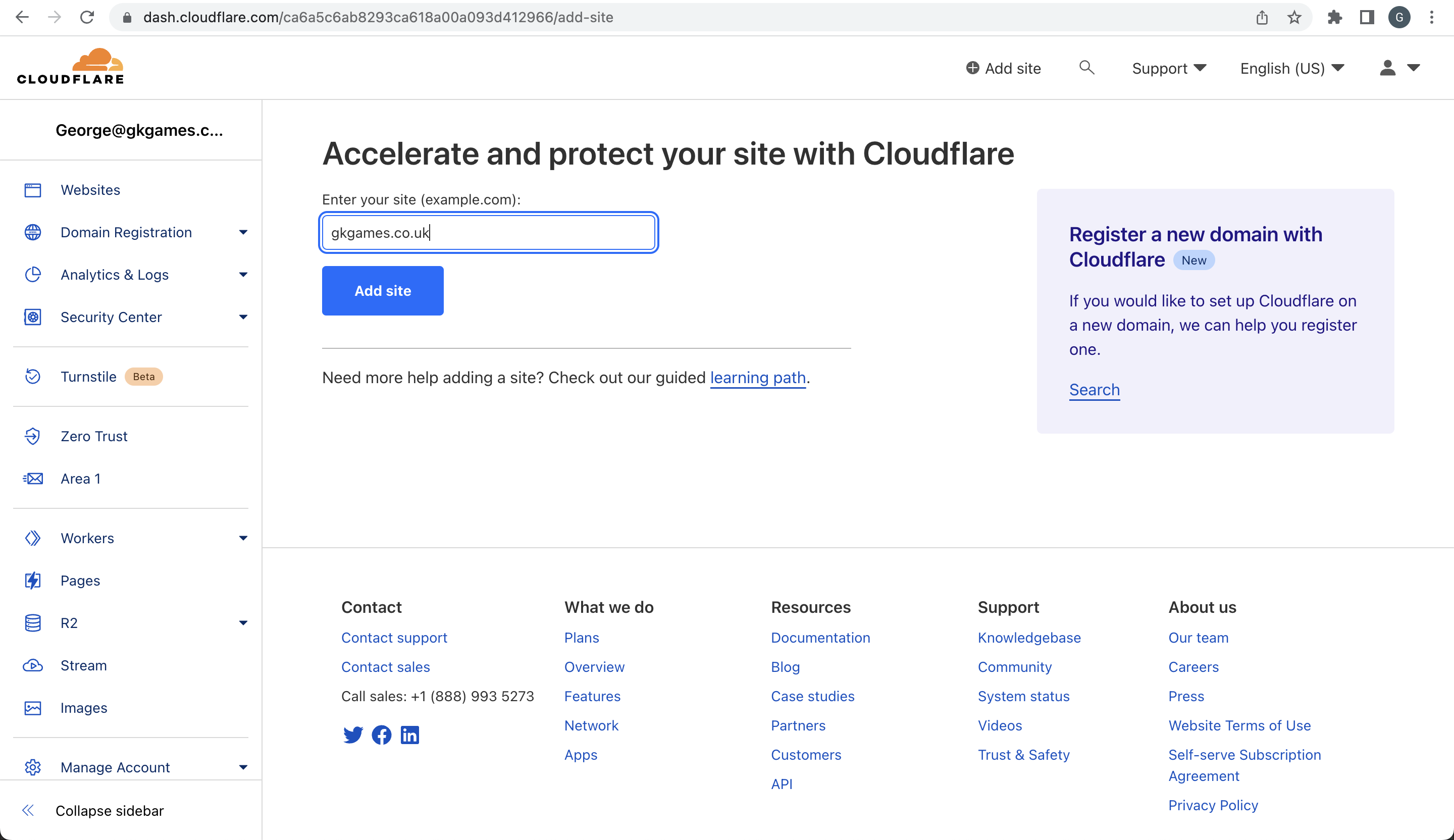 Screenshot showing the 2nd step of adding a site to Cloudflare - Actually adding your domain to the Cloudflare platform.