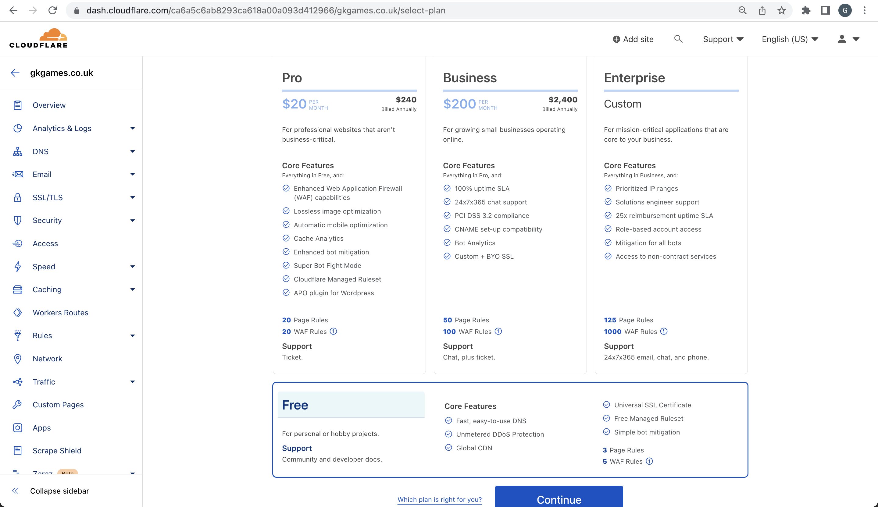 Screenshot showing the 2nd step of adding a site to Cloudflare - Selecting the plan you wish to use