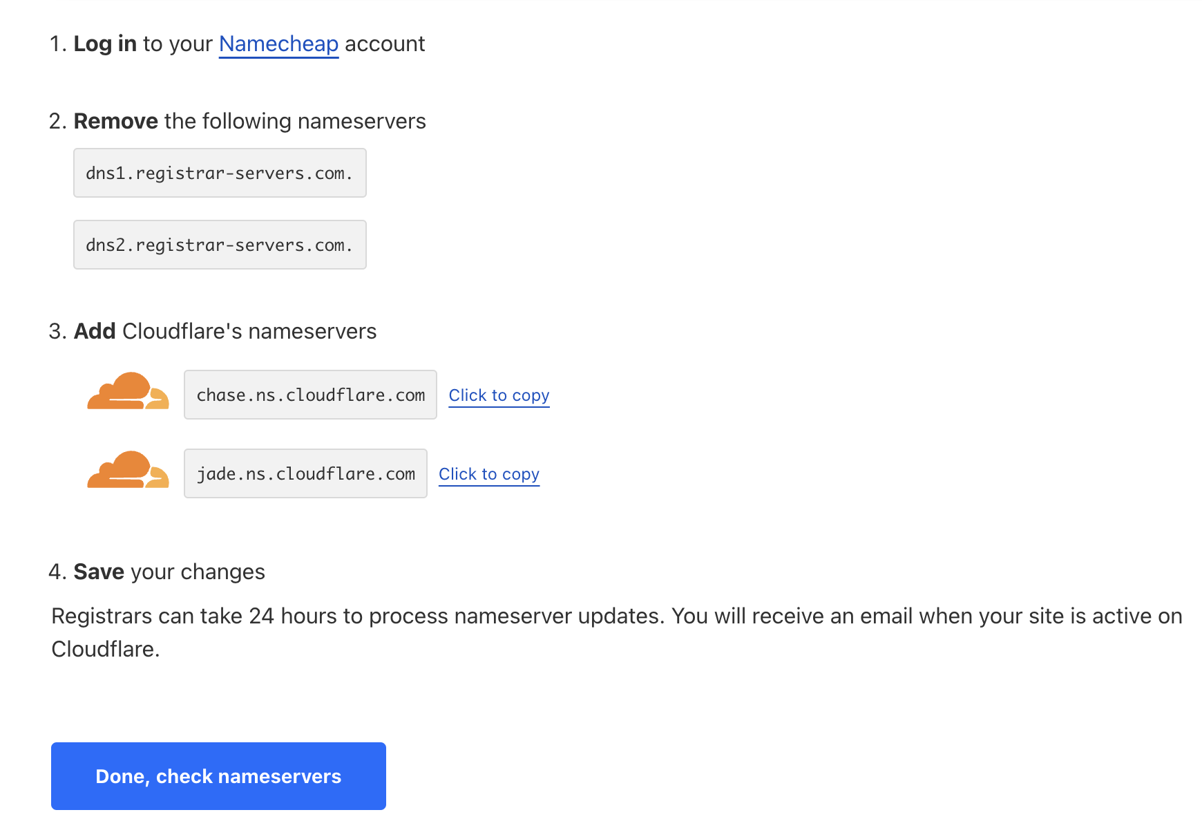 Screenshot showing the cloudflare guide to changing the nameserver for your domain.