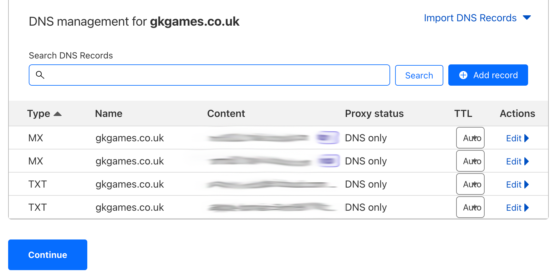 Screenshot showing where you need to copy and paste your DNS records for your domain.