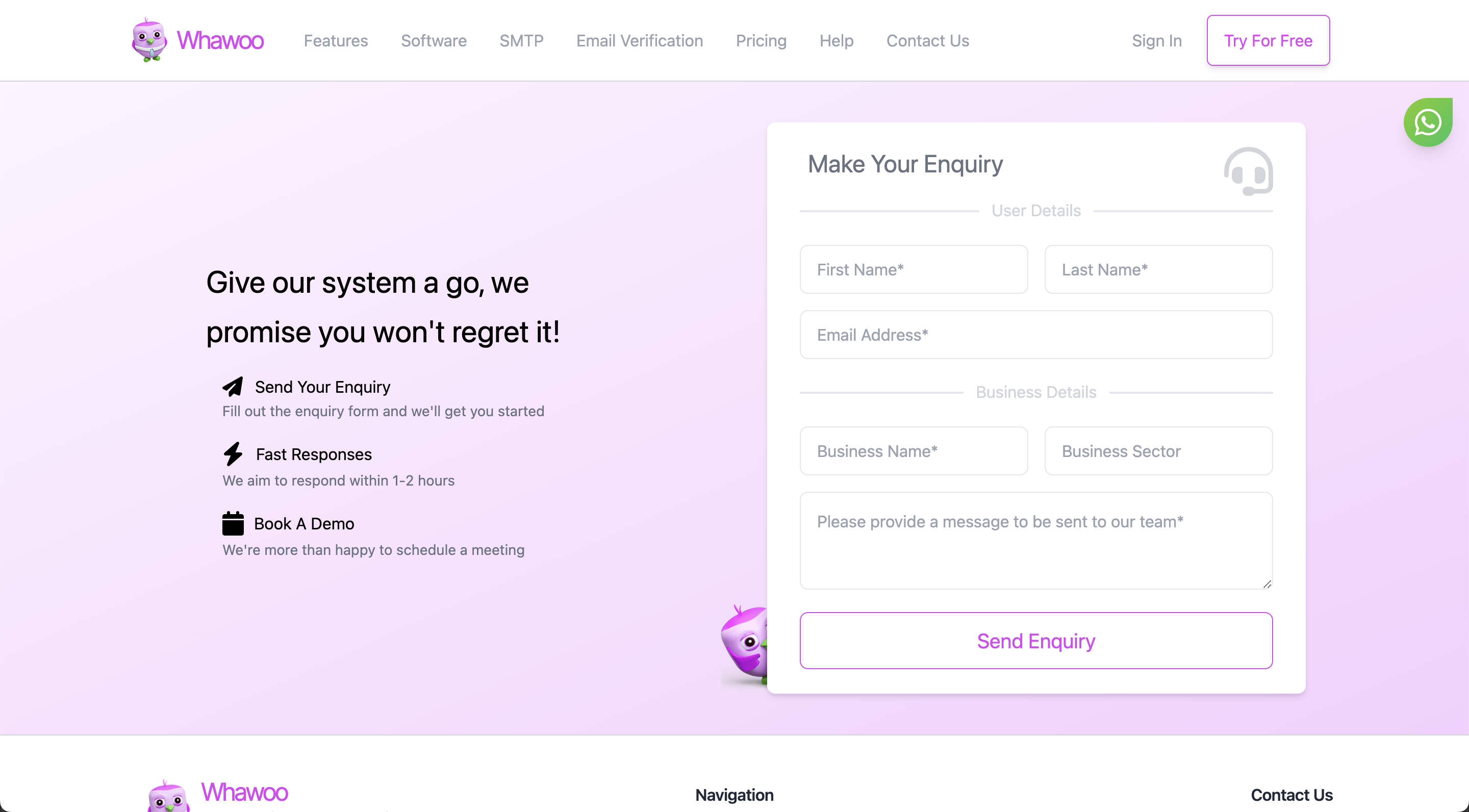Screenshot showing the enquiry form from the Whawoo marketing website.