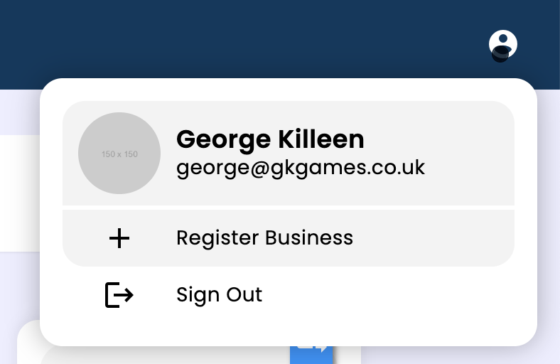 Screenshot showing the dropdown menu where you can access the register business link